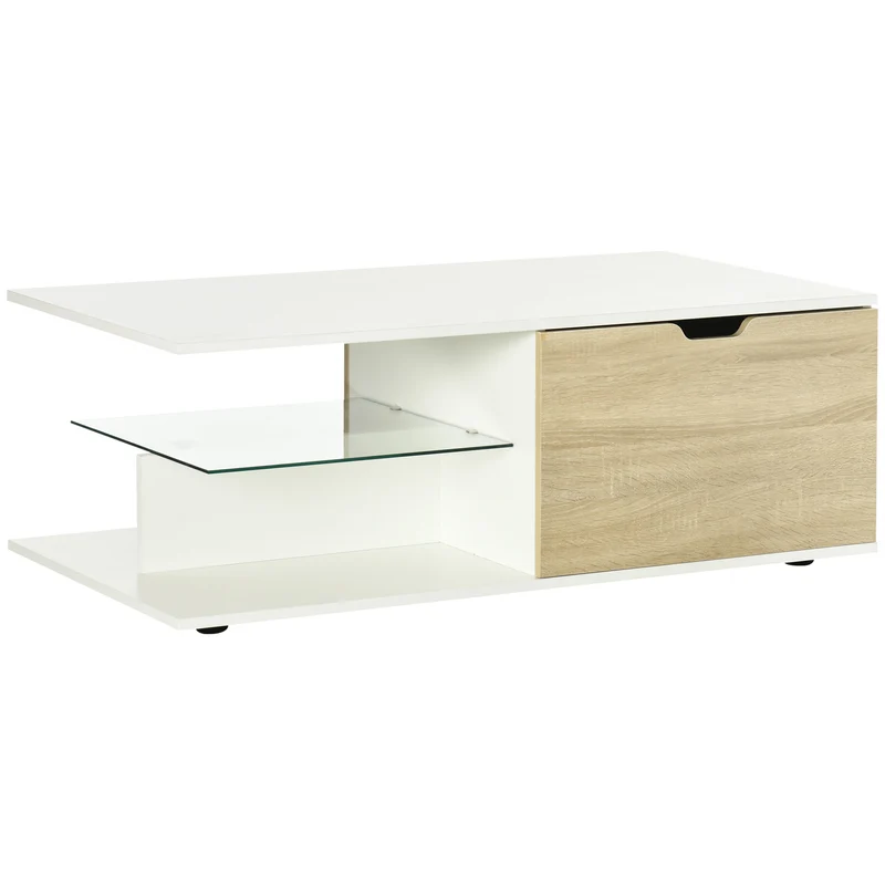 Table basse rectangulaire 106 x 58 x 39 cm 2 tiroirs rangement compact contemporain en panneau de particules blanc 21_0003054