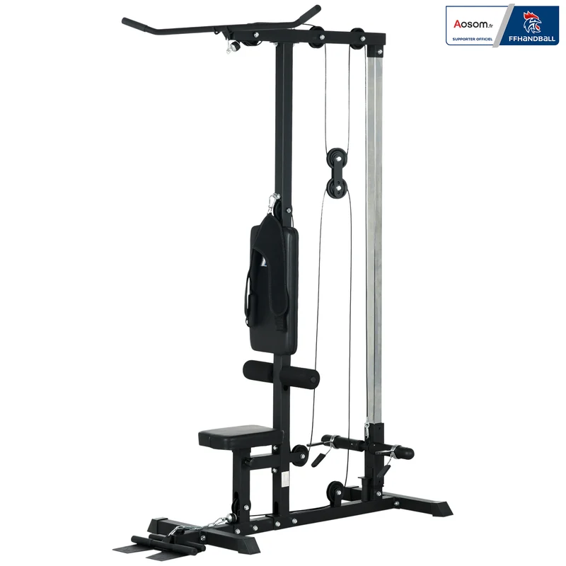 Station de musculation tirage haute et basse 140 x 108 x 197 cm siège réglable 4 hauteurs moderne épuré en acier noir 21_0006822