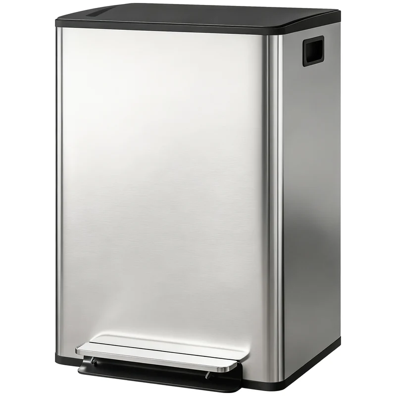 Poubelle 2 compartiments cuisine 47.5 x 37.5 x 67 cm tri 60 l fermeture douce épuré moderne en acier inoxydable argenté 21_0005942