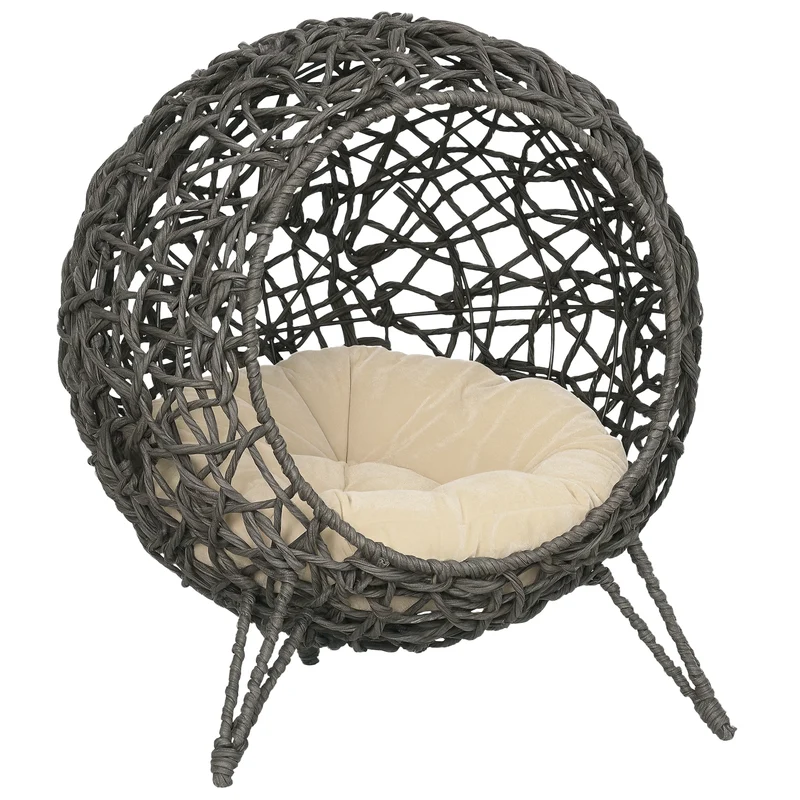 Panier pour chat niche surélevée boule 52 x 52 x 58 cm coussin amovible moelleux entrée design scandinave en résine gris 21_0007633