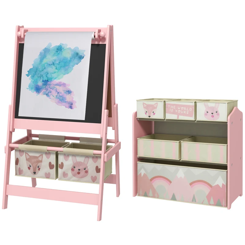 Meuble à jouets chevalet 3 en 1 63 x 30 x 66 cm tableau double face rangement compact scandinave minimaliste en MDF rose 21_0000710