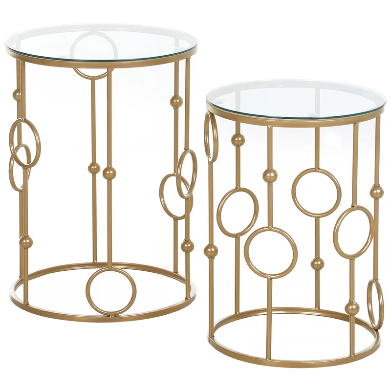 Lot de 2 tables gigognes rondes salon bout de canapé 41 x 57 cm et 36 x 51 cm empilables élégantes art déco en métal doré 21_0001758