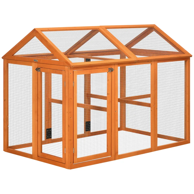 Enclos pour poules grillagé extérieur 140 x 88,5 x 106 cm sécurité portes verrouillées confort rustique en bois orange 21_0007961