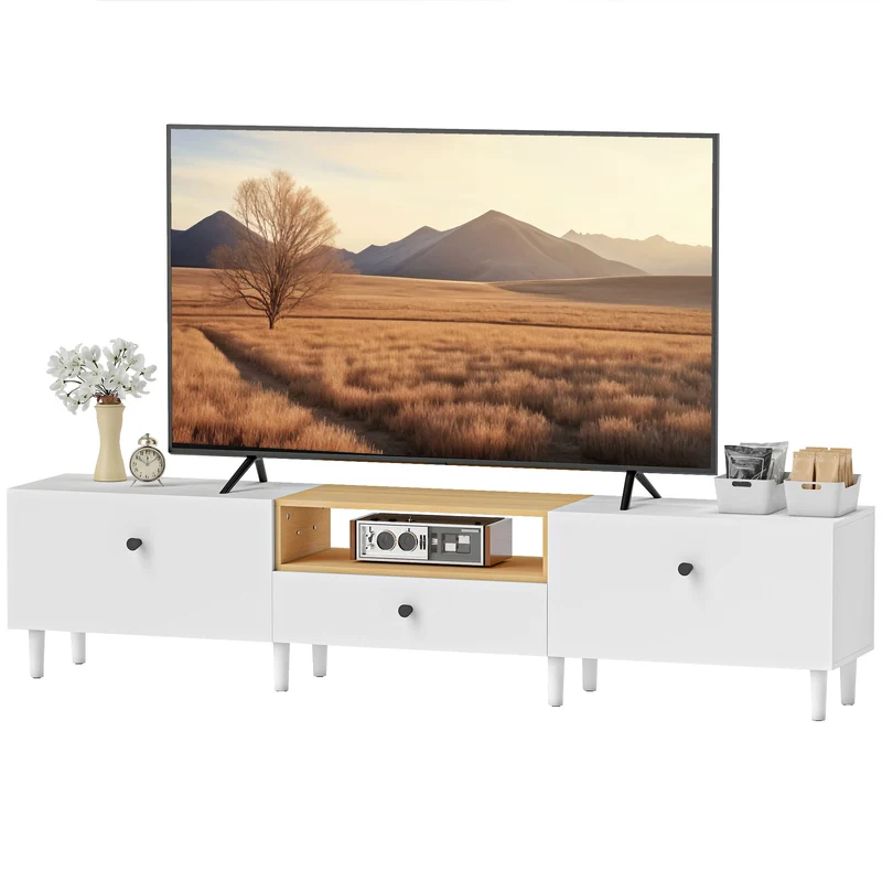 Meuble tv pour salon 200 x 35 x 45 cm rangement 2 portes tiroir fermeture douce moderne en panneau de particules blanc 21_0003606