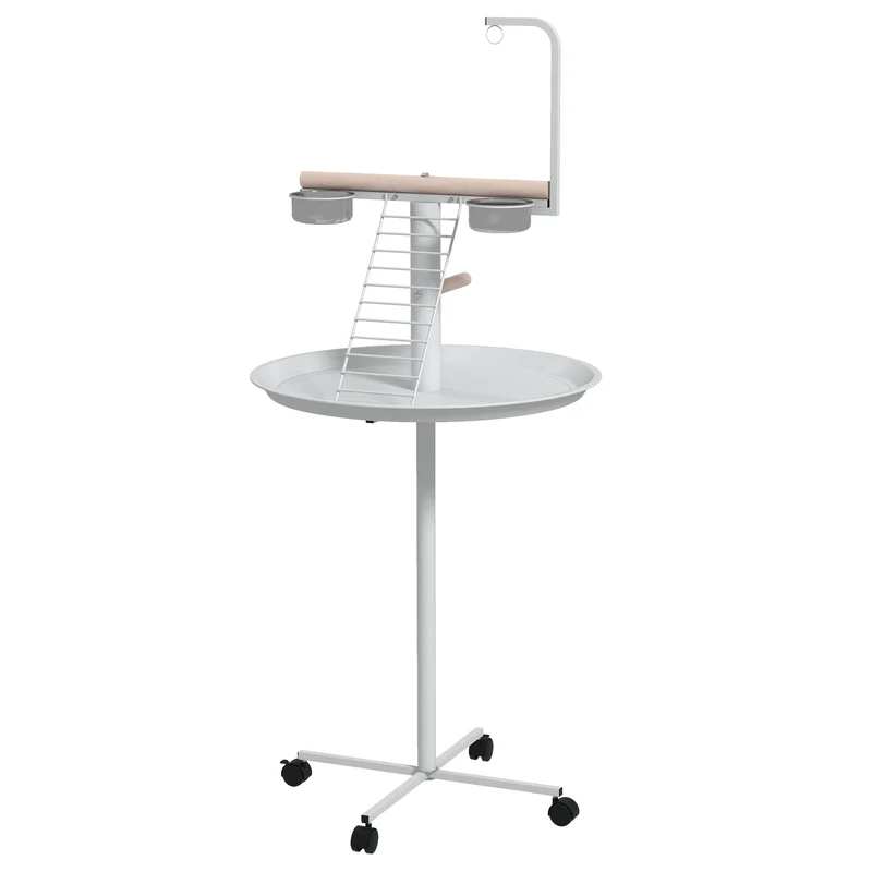 Mangeoire sur pied perchoir 2 bols pour jardin 60 x 138 cm grande capacité utile à roulettes scandinave en acier blanc 21_0007584