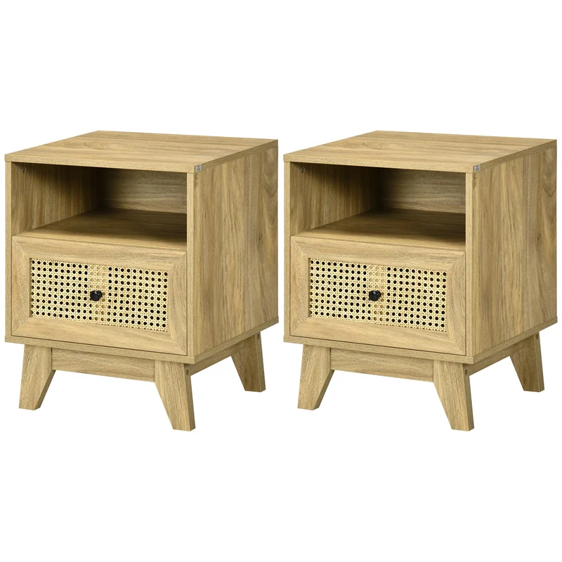Lot de 2 tables de chevet 45 x 39 x 56.5 cm rangement tiroir et niche gain de place vintage scandinave en MDF naturel 21_0001680