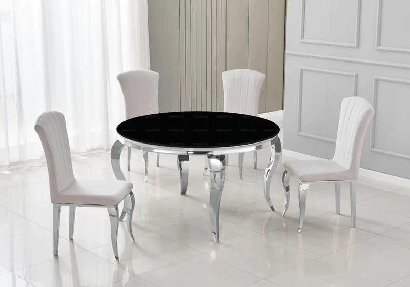 Table ronde verre noir et 4 chaises argent – Neo