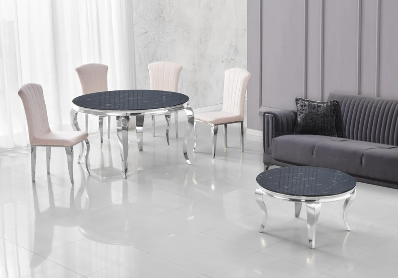 Salle à manger ronde marbre noir argent – Neo