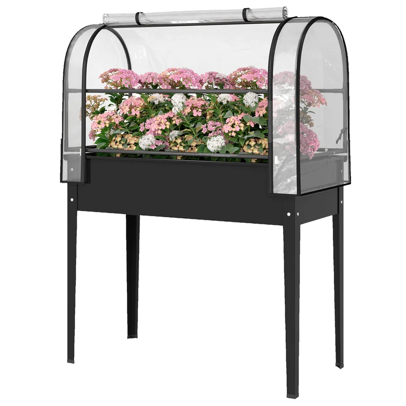 Potager surélevé avec serre rabattable 100 x 49 x 136 cm protection antigel drainage intégré design jardin en métal noir 21_0005641