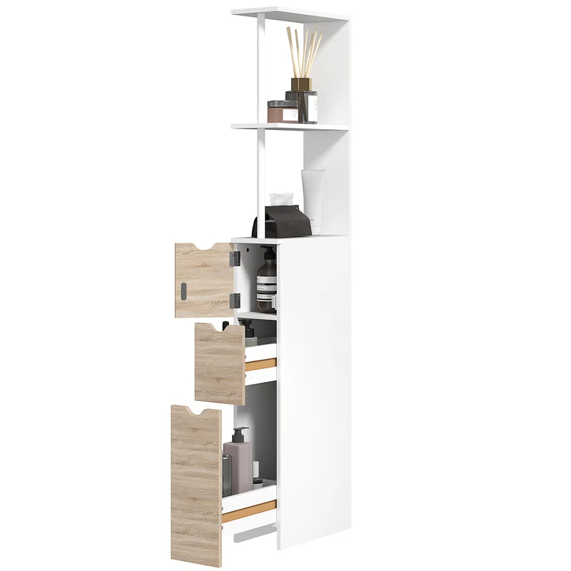 Meuble colonne salle de bain 15 x 33 x 136.8 cm rangement optimisé moderne avec tiroirs et étagères mural en MDF blanc 21_0001848