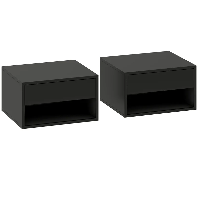 Lot de 2 tables de chevet murales 37 x 32 x 21 cm rangement tiroir montage facile moderne en panneau de particules noir 21_0001551