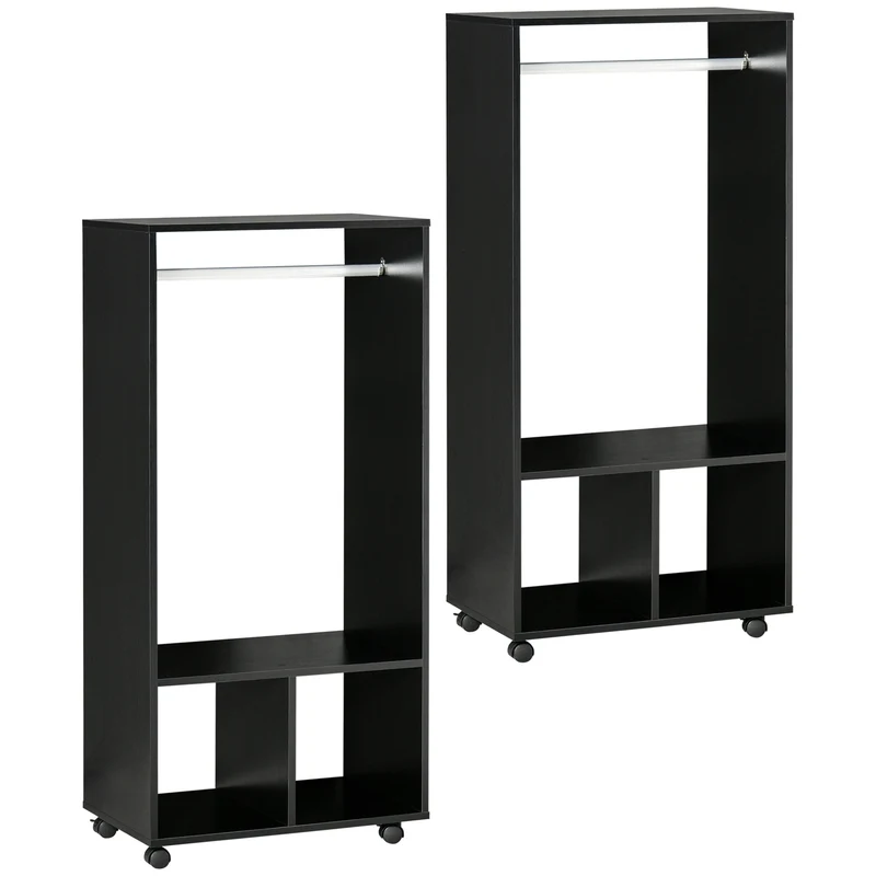 Lot de 2 portants vêtements penderie 60 x 40 x 128 cm grand rangement roulettes freinées moderne épuré en mélaminé noir 21_0001678