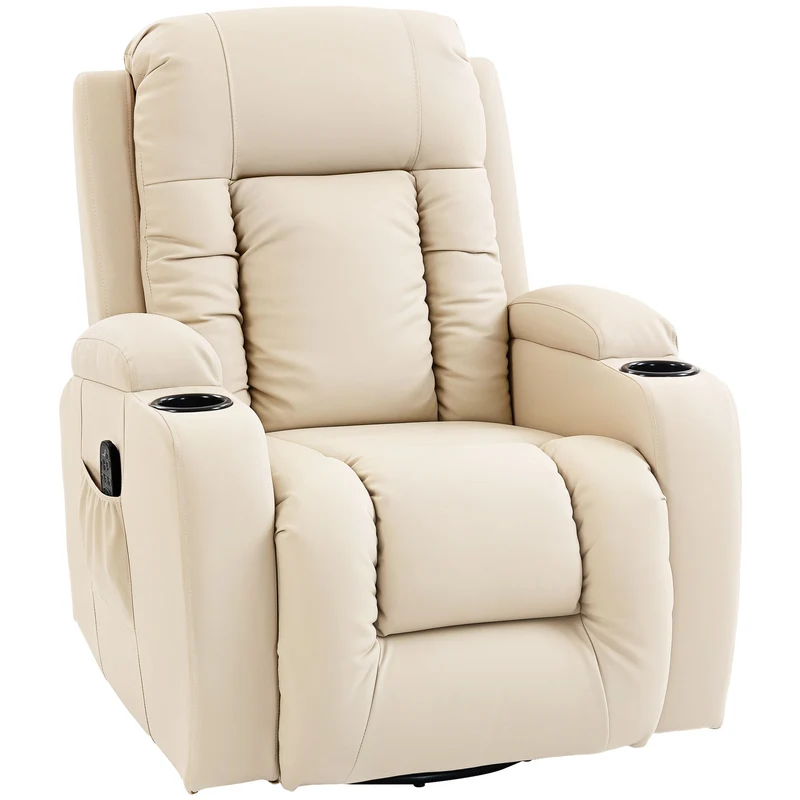 Fauteuil relaxation inclinable pivotant massage chauffant repose-pieds 82 x 99 x 103 cm contemporain moderne en PU crème 21_0000808
