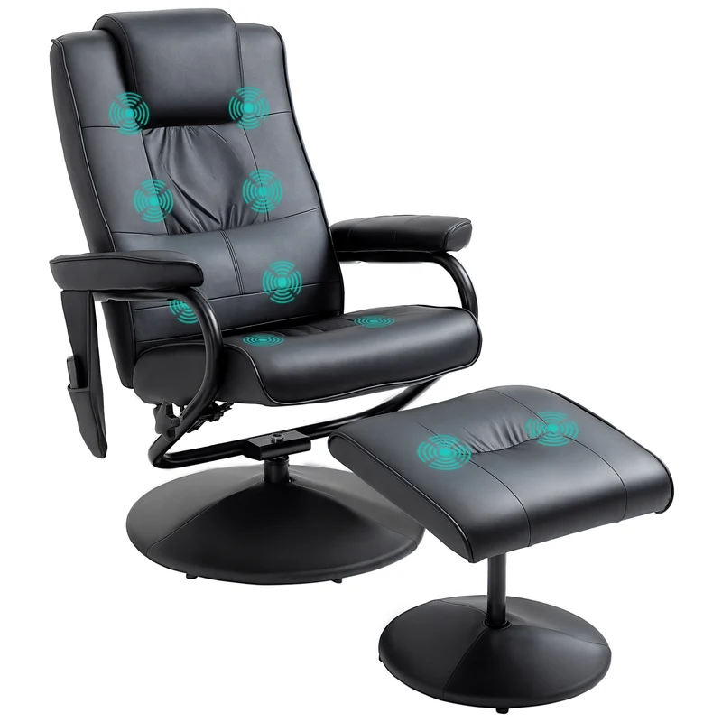 Fauteuil de massage et relaxation pivotant inclinable 77 x 84 x 95 cm 10 points repose-pieds inclus moderne en PU noir 21_0000804