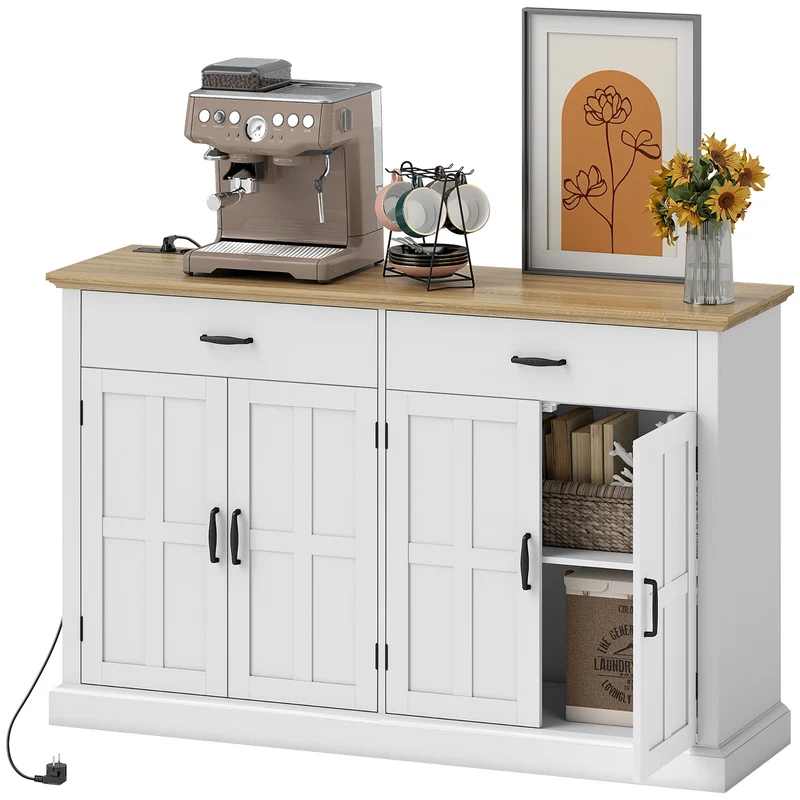 Buffet meuble tv 140 x 40 x 91,5 cm station recharge intégrée et étagères réglables rustique contemporain en MDF blanc 21_0003482