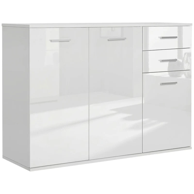 Buffet de rangement 106 x 35 x 76 cm 2 tiroirs étagère réglable brillant contemporain en panneaux de particules blanc 21_0002585