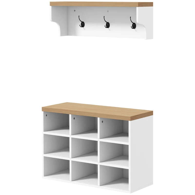 Banc porte-chaussures porte-manteau 75 x 30 x 50 cm gain de place 9 niches contemporain en panneau de particules blanc 21_0002696