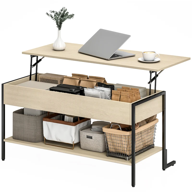 Table basse rectangulaire salon 95 x 40 x 59 cm plateau relevable et rangement caché industriel en MDF bois naturel 21_0003517