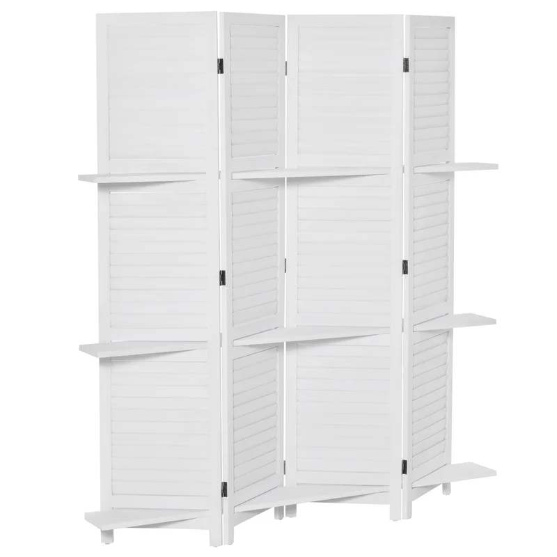 Paravent intérieur 4 panneaux 160 x 1,9 x 170 cm pliable 3 étagères scandinave épuré finition mate salon en bois blanc 21_0001229