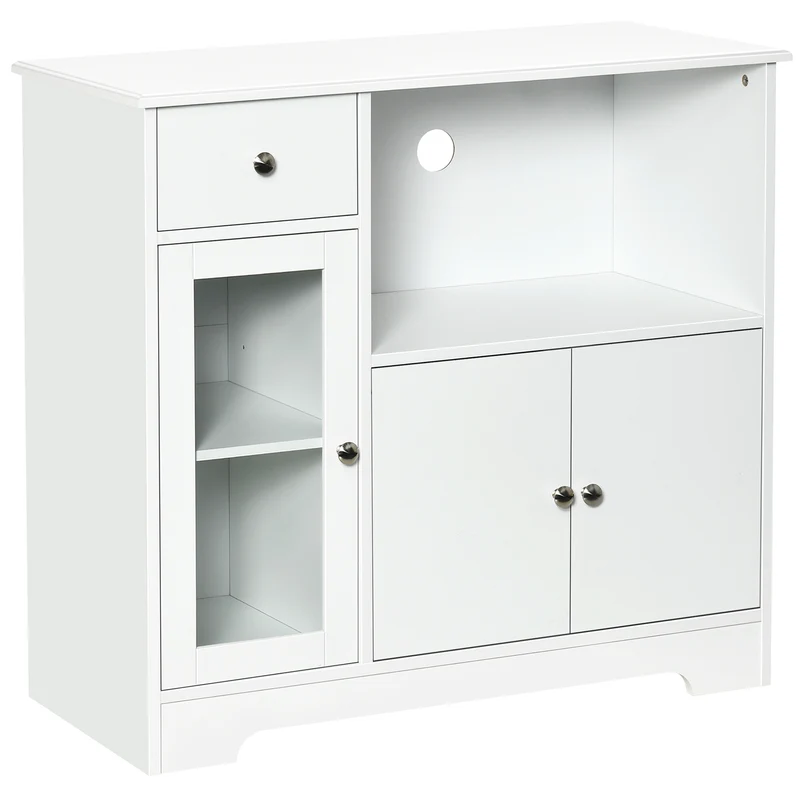 Meuble micro-ondes buffet rangement cuisine 90 x 40 x 82 cm gain de place porte vitrée épuré contemporain en MDF blanc 21_0002245