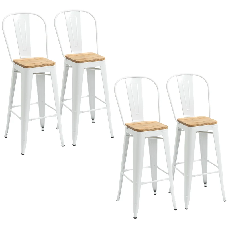 Lot de 4 tabourets de bar dossier ergonomique repose-pied 44 x 48 x 117 cm style industriel contemporain en acier blanc 21_0002295