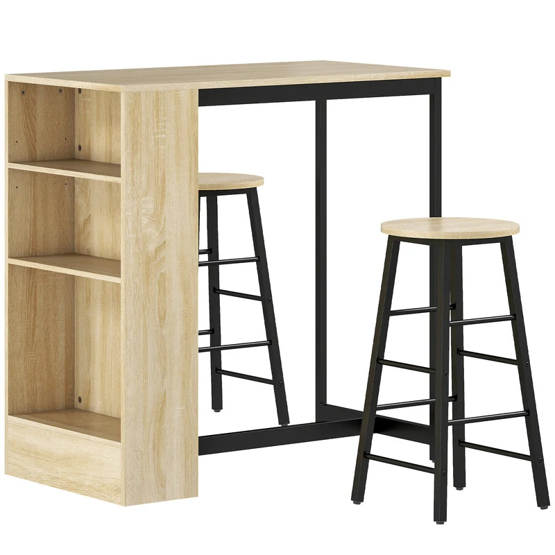 Lot de 3 table de bar avec tabourets 91 x 49 x 91 cm rangement gain de place industriel en panneau de particules chêne 21_0003289