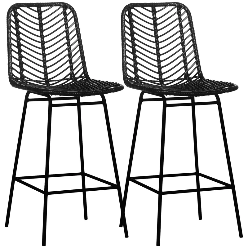 Lot de 2 tabourets de bar 42,5 x 52 x 102 cm assise cannage repose-pieds confortable vintage industriel en résine noire 21_0002322