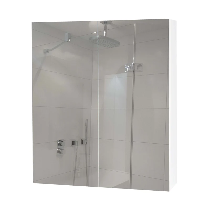 Armoire de salle de bain avec miroir mural 2 étagères réglables finition brillante 70x60x16 cm bois eucalyptus verre blanc 04_0005766