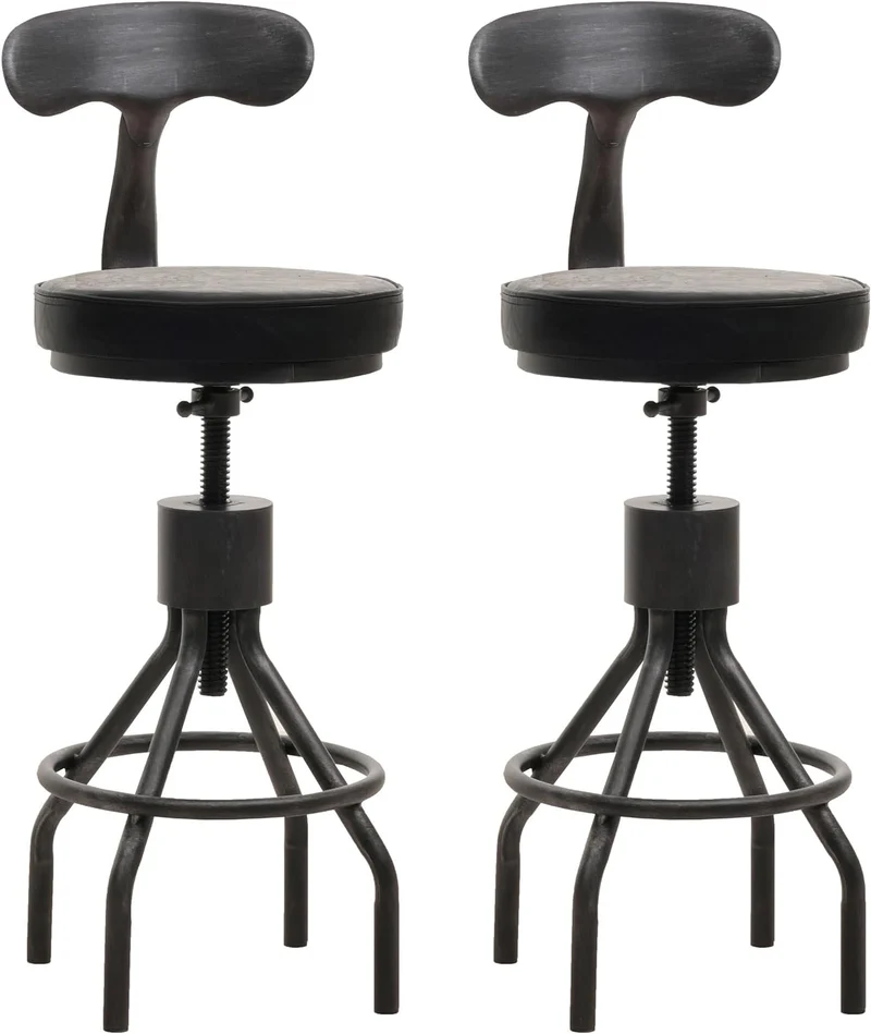 Lot de 2 tabourets de bar chaise haute design industriel avec repose-pieds rotatif réglable en hauteur en acier et simili cuir noir TDB04084