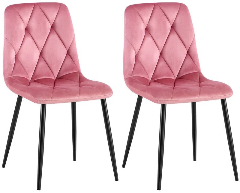 Lot de 2 chaises de salle à manger design moderne surpiqûres en losange velours rose et cadre métal noir 10_0007618