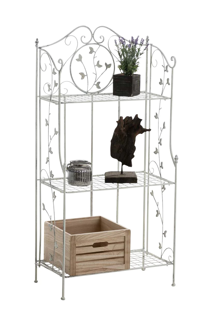Étagère pliable support plantes chaussures stable avec trois espaces de rangement en métal blanc vieilli 10_0003989