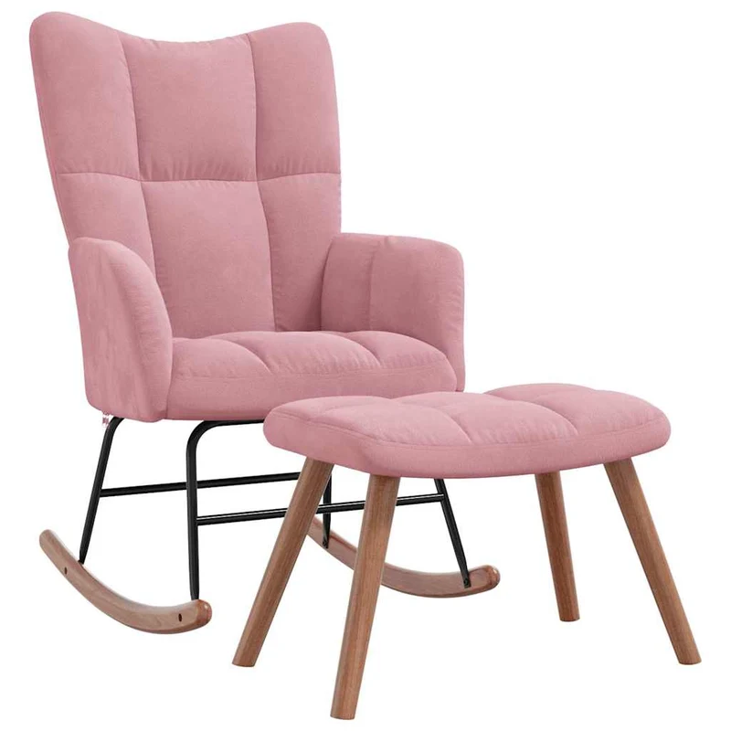 Fauteuil à bascule rembourré relax pour salon avec repose-pied en velours rose DEC028842