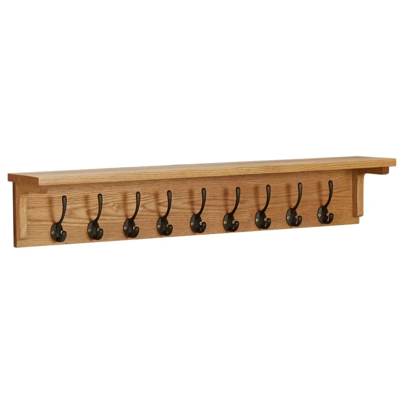 Porte-manteau mural 90x16x16 cm avec 9 crochets en bois de chêne massif DEC024239