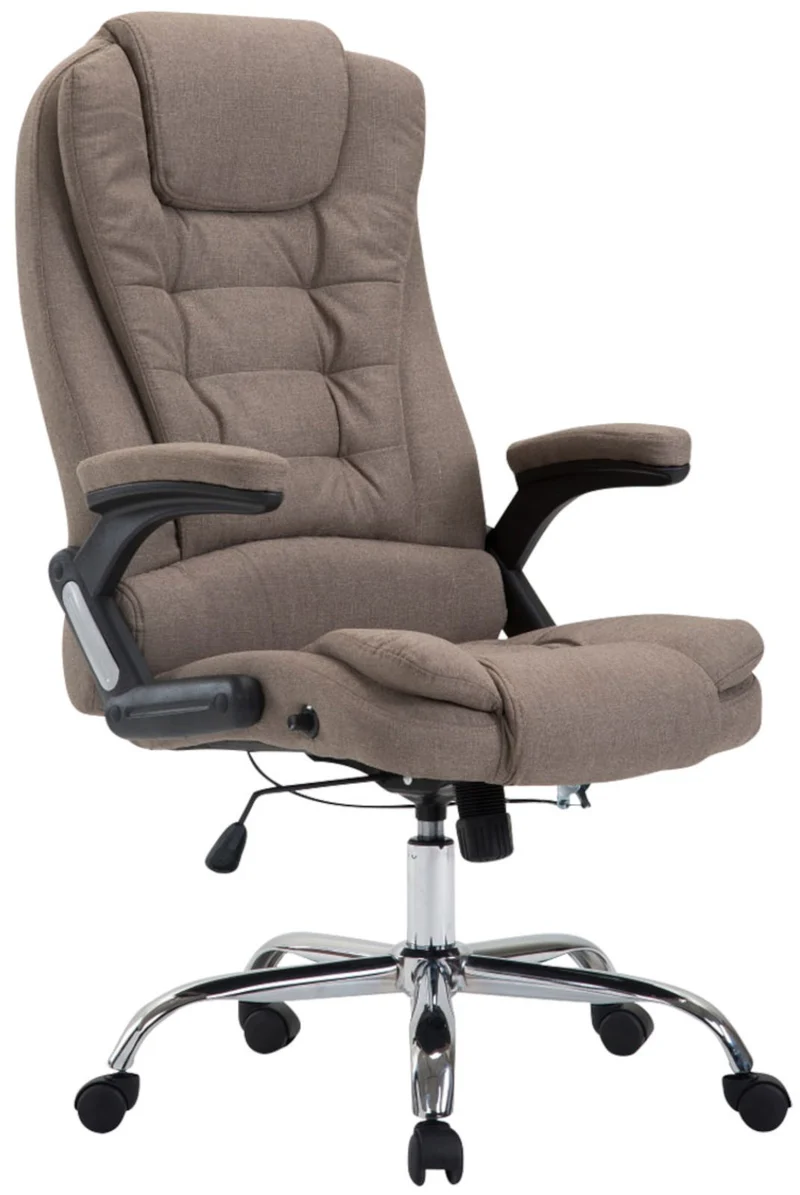 Fauteuil de bureau XXL sur roulettes confortablement rembourrés avec accoudoirs en tissu taupe et métal chromé 10_0002668