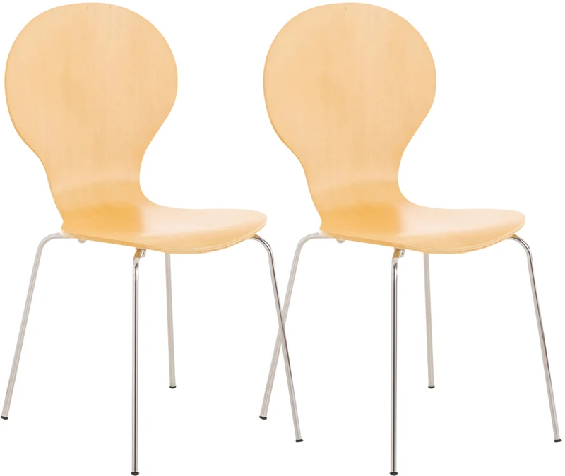 Lot de 2 chaises de cuisine salle à manger empilables dossier arrondi en bois clair et métal chromé 10_0003087