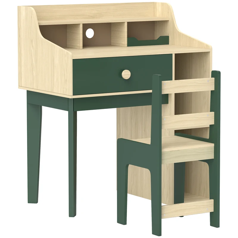 Ensemble bureau et chaise pour enfants 80 x 50 x 96 cm rangement intégré assise adaptée scandinave moderne en MDF vert 21_0000216