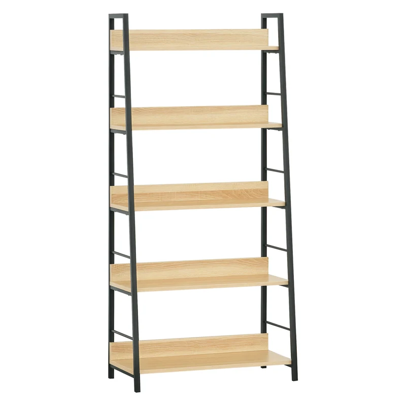 Étagère bibliothèque inclinée 70 x 35 x 150 cm 5 niveaux rangement montage facile style industriel en MDF chêne clair 21_0002376