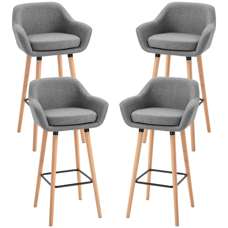 Lot de 4 tabourets de bar 55 x 48 x 100 cm assise épaisse dossier et accoudoirs design scandinave en lin gris foncé 21_0002371