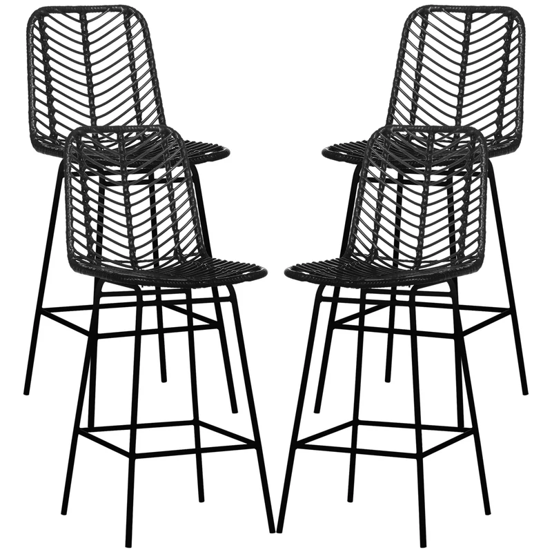 Lot de 4 tabourets de bar 42.5 x 39 x 66 cm assise confortable repose-pieds antidérapant vintage cuisine en rotin noir 21_0002372