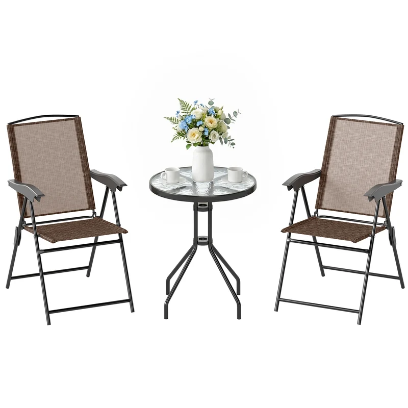 Lot de 3 ensemble jardin pliables 60 x 60 x 70 cm chaises 4 positions rangement contemporain cosy en métal chocolat 21_0004603