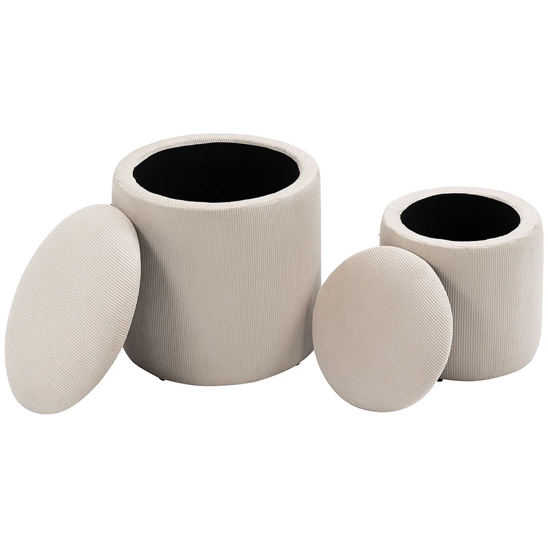 Lot de 2 poufs coffre emboîtables 40 x 40 x 41 cm et 30 x 30 x 32 cm gain de place pratique moderne en polyester crème 21_0002878