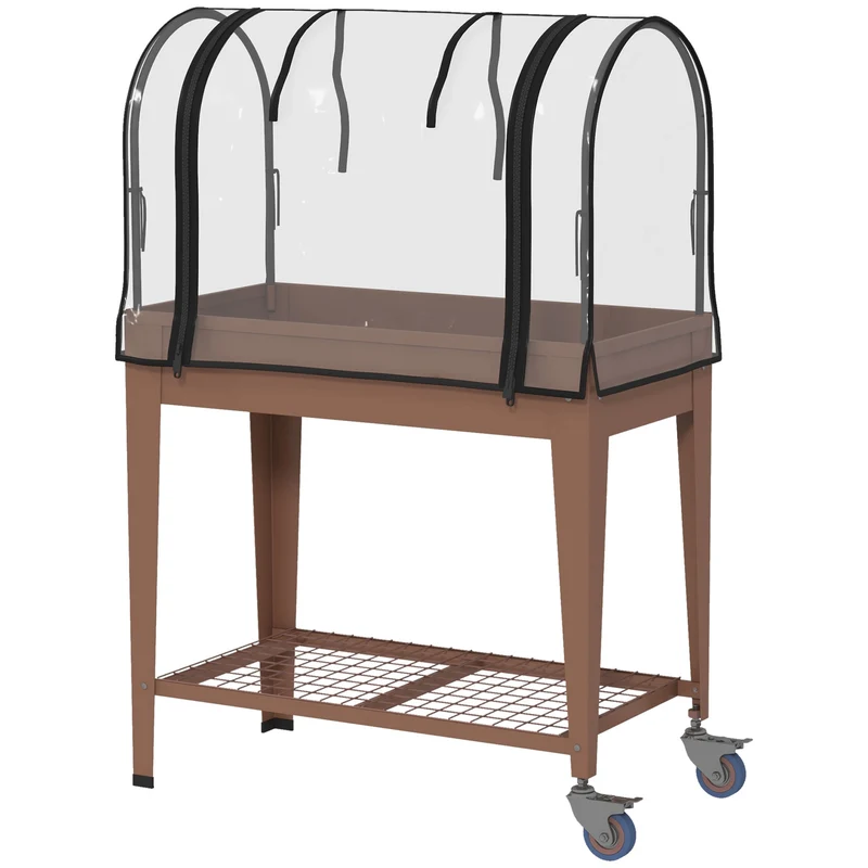 Jardinière surélevée 80 x 40 x 120 cm mini serre protection annuelle roulettes étagère contemporain en acier marron 21_0005422