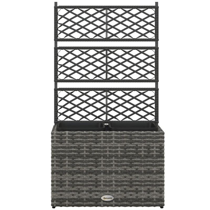 Jardinière rectangulaire balcon 57 x 30 x 107 cm treillis pour grimpantes 2 bacs contemporain en résine tressée gris 21_0006065