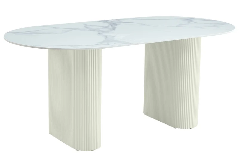 Table à manger ovale marbre blanc et pieds beige - Serena