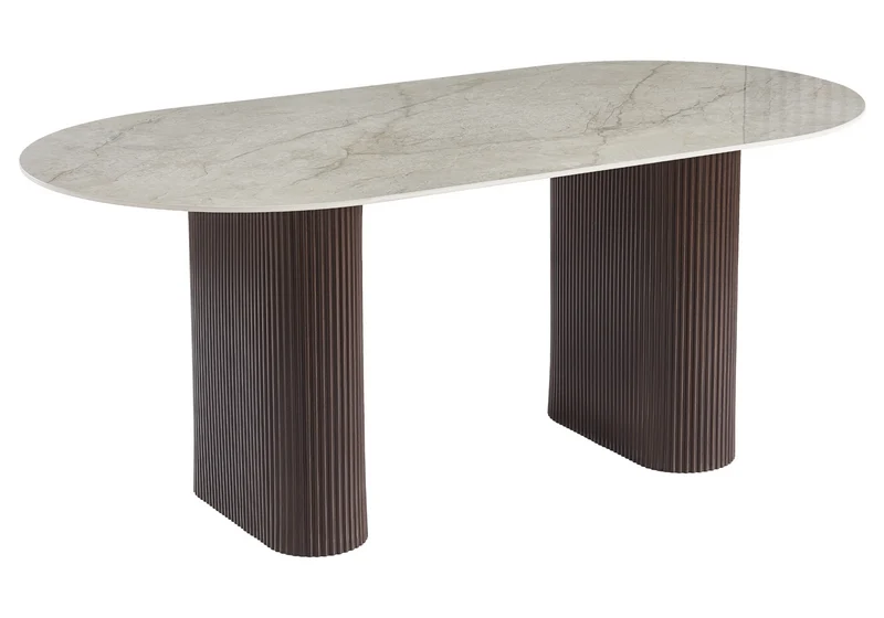 Table à manger ovale marbre gris et pieds noyer - Serena