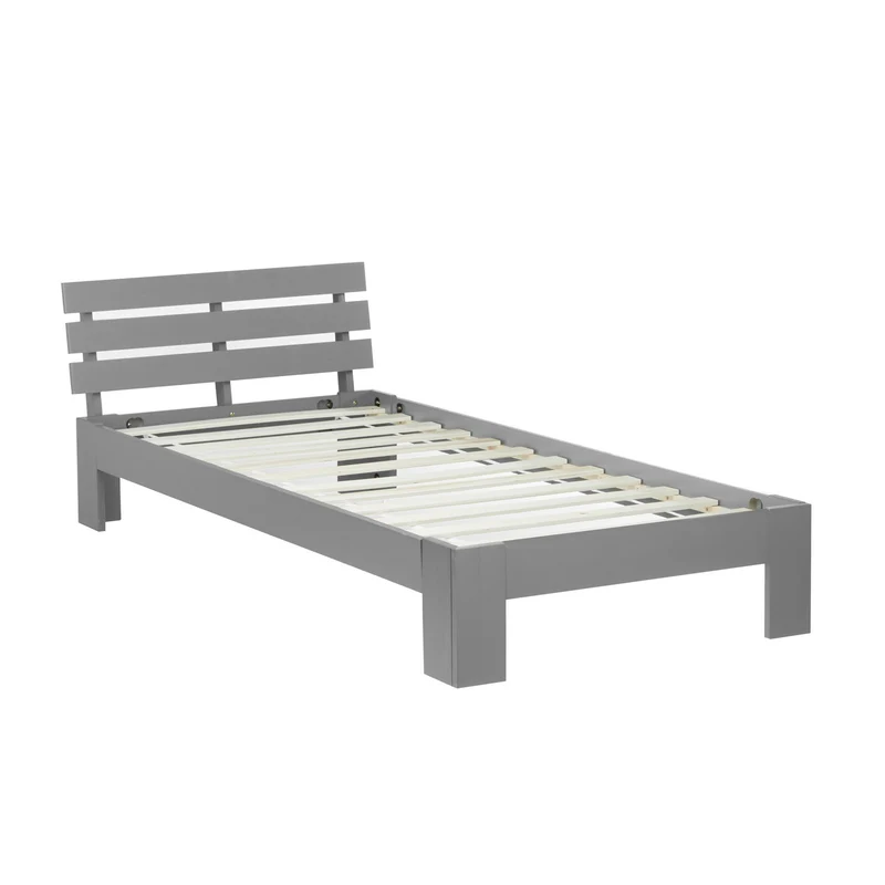 Lit simple 1 personnes avec sommier à lattes en bois gris 90x 200 cm LIT06207