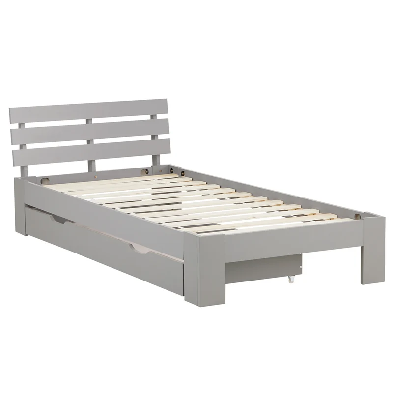 Lit simple 1 personnes avec sommier à lattes en bois gris avec tiroirs de rangement 90x 200 cm LIT06237