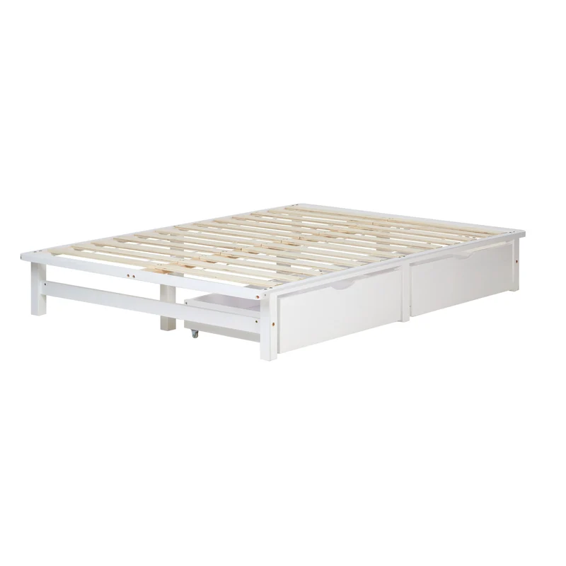 Lit palette en bois massif blanc 140x200 cm avec tiroirs de rangement et sommier à lattes LIT06227