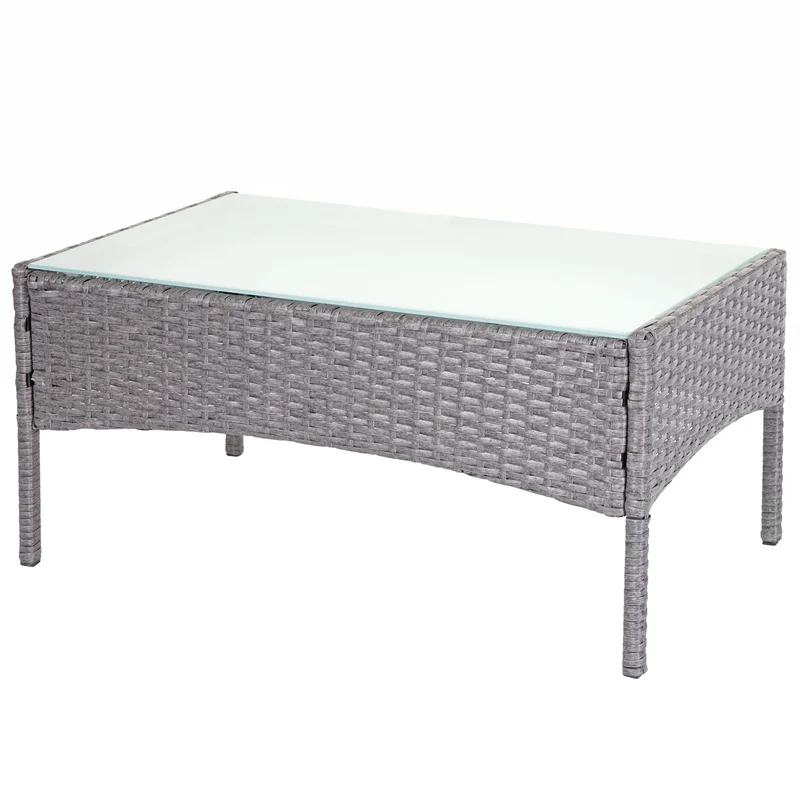Table basse de jardin table d'appoint en poly-rotin avec plaque de verre gris 04_0005060