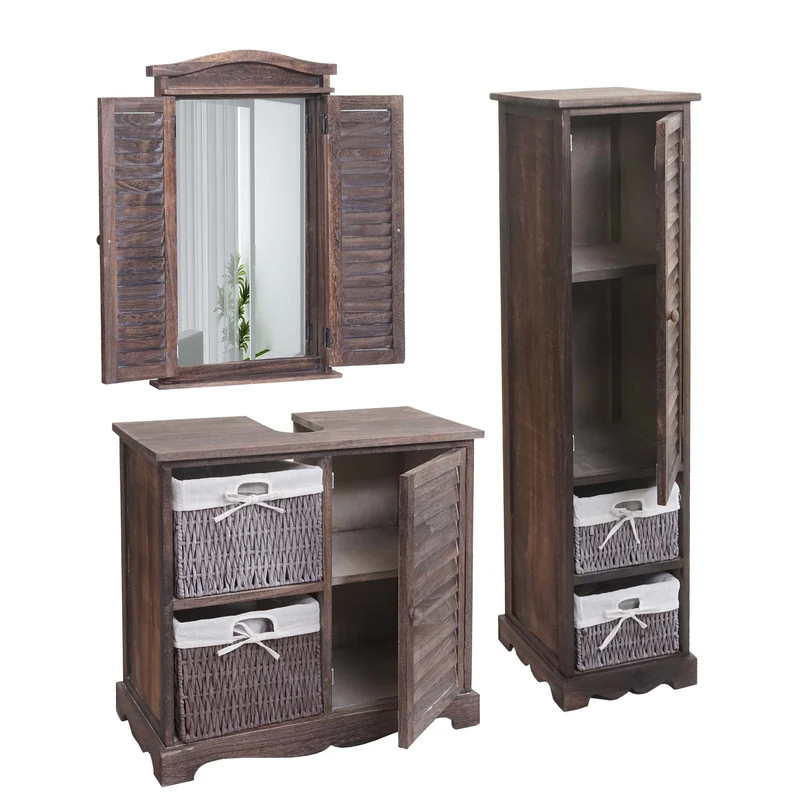 Ensemble de meuble de salle de bain meuble lavabo miroir mural et armoire de rangement en bois marron vieilli 04_0006704